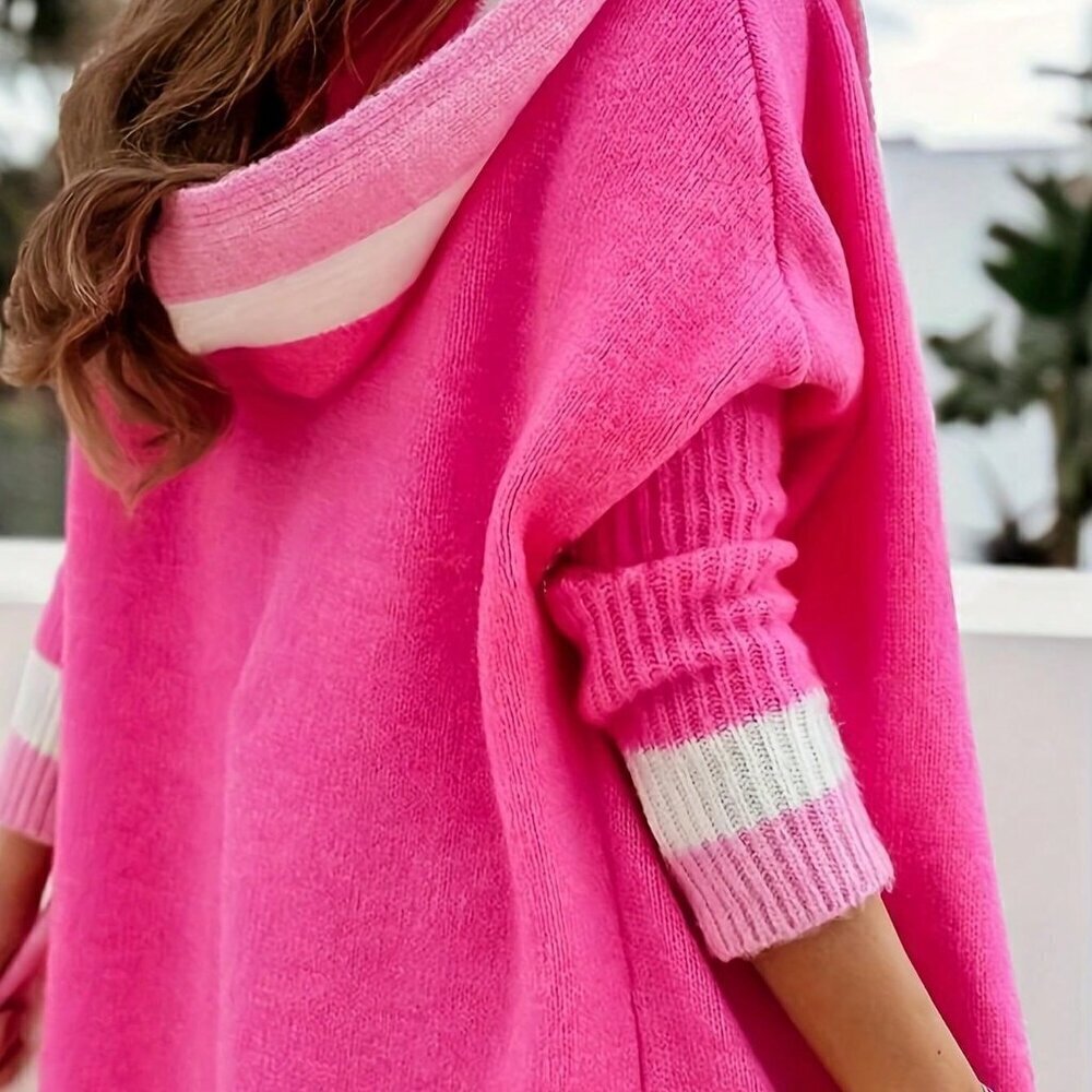 Hot Pink Casual Women's Stylish Contrast Color Hooded Knit Cardigan - Picture 3 of 4